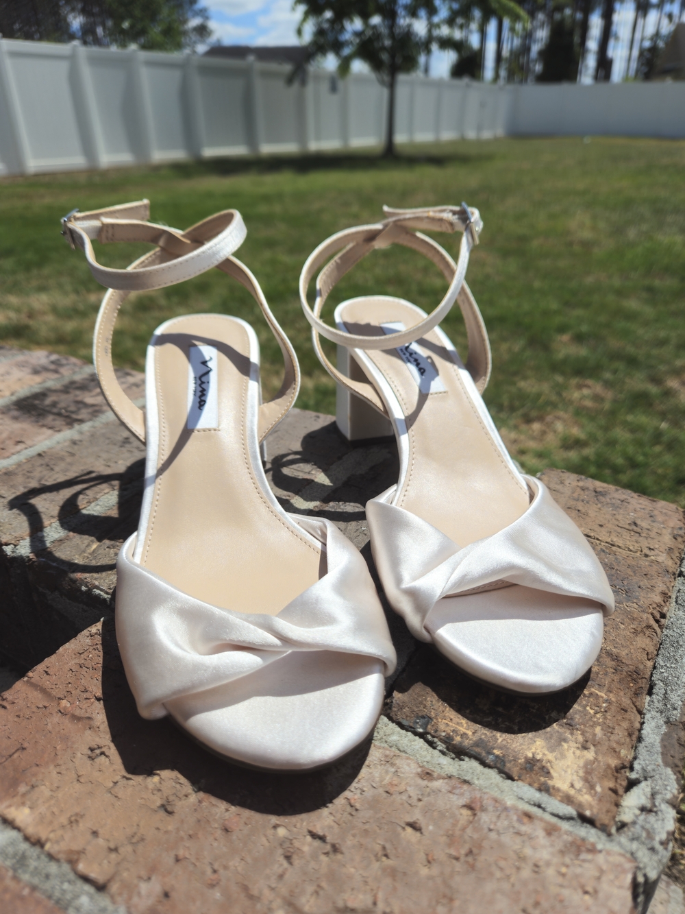 Nina Ivory Satin Ankle Strap Block Heel Sandals